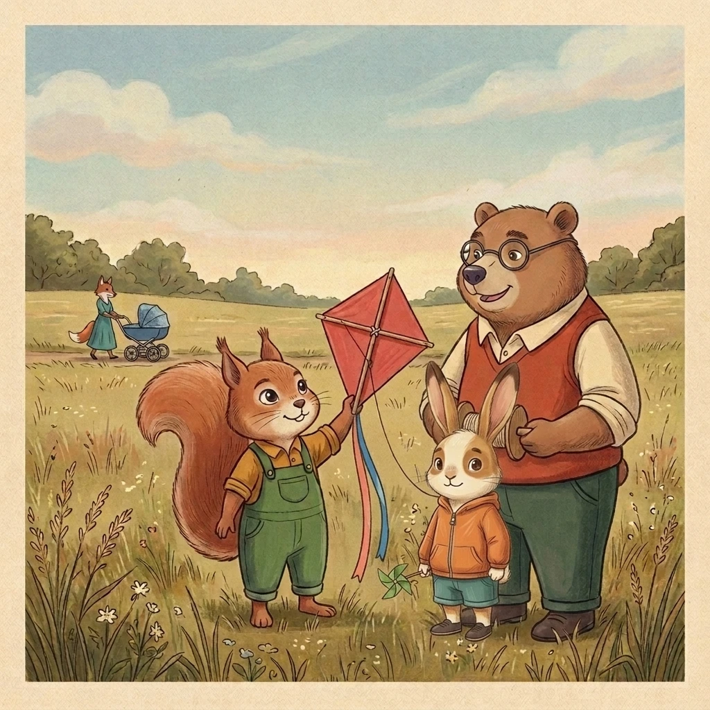 Aurelia holds a small kite with two light family ribbons while Pip Rabbit raises a green pinwheel and Nick stands nearby in an open field.