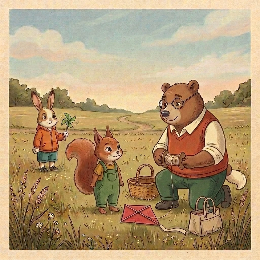 Pip Rabbit's green pinwheel spins while Nick checks a small kite and Aurelia watches the empty path.
