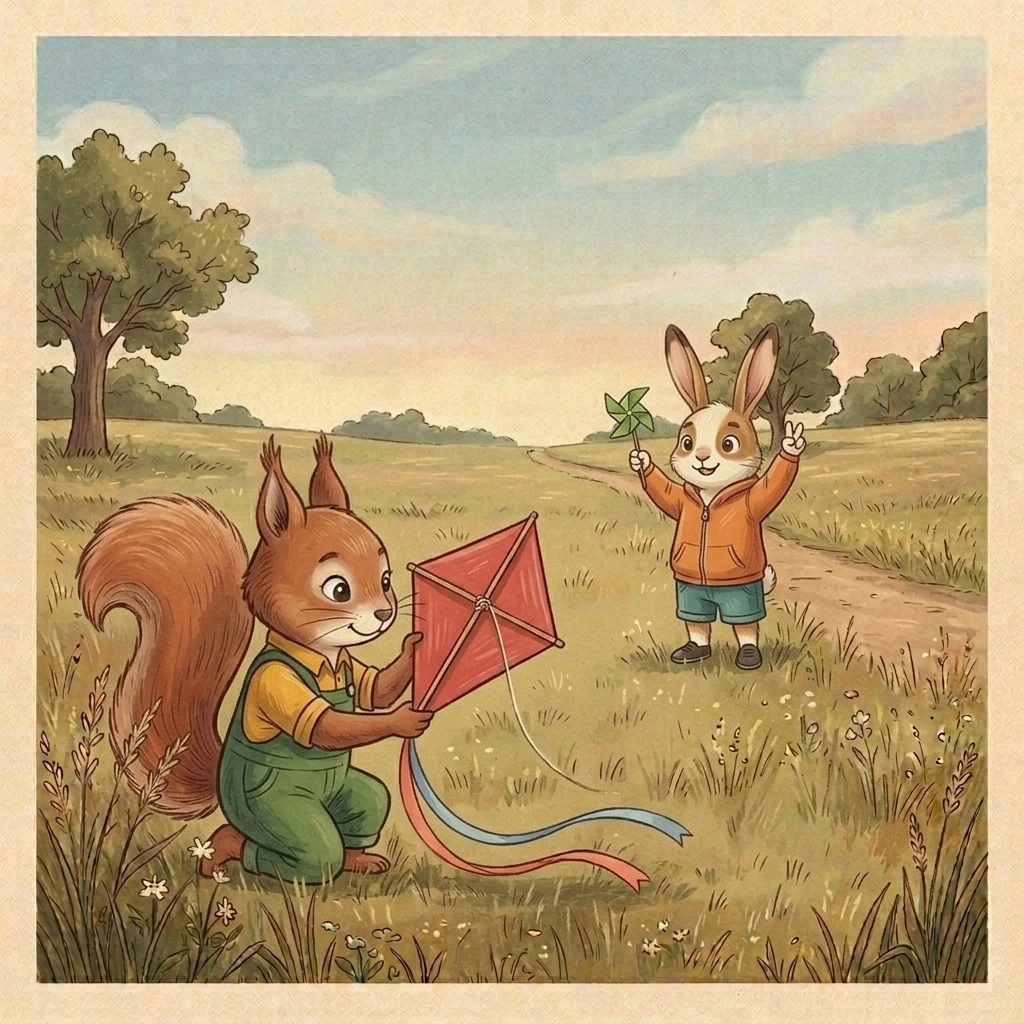 Aurelia admires one coral and one blue ribbon on the kite tail while Pip counts from his safe spot.
