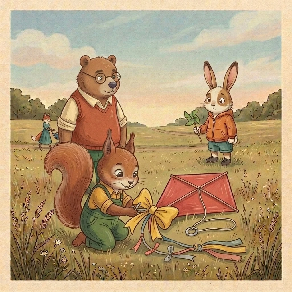 Aurelia adds one enormous yellow bow as Dena approaches in the distance and Pip studies the overdressed kite.