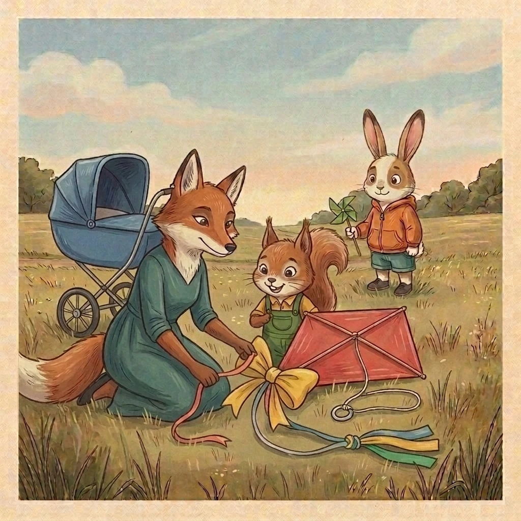 Dena kneels beside Aurelia at the spectator spot and touches the coral ribbon; Cosmo remains unseen beneath the raised canopy of the braked carriage within Dena’s reach, while Pip waits behind them with his pinwheel.