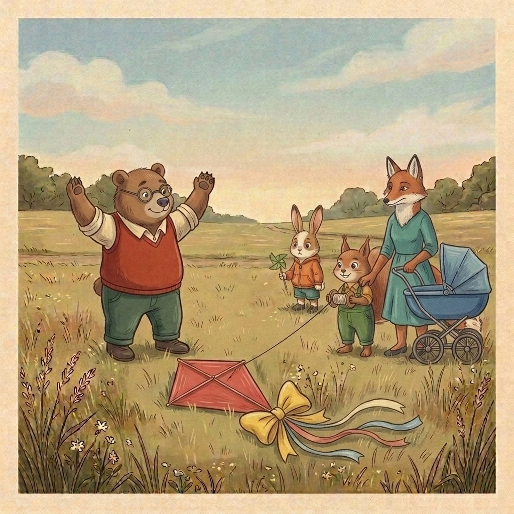 During a controlled low test, Nick releases the overdecorated kite along a clear strip; Aurelia holds the reel beside Dena and Cosmo’s braked carriage, and Pip watches from behind them as the kite falls flat.