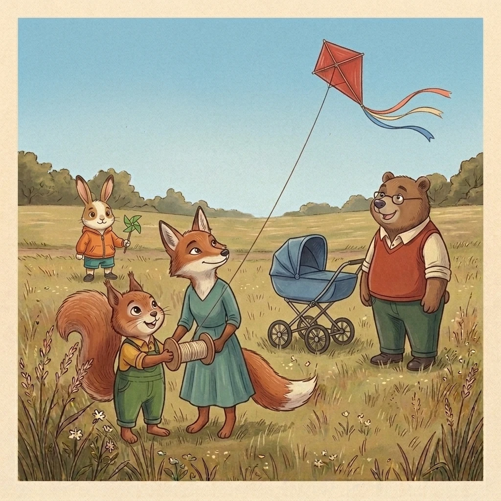Nick releases the lighter kite along the clear strip; Aurelia flies it with Dena beside her and Cosmo’s braked carriage within Dena’s reach, while Pip watches from behind the reel and the coral and blue family ribbons lift high.